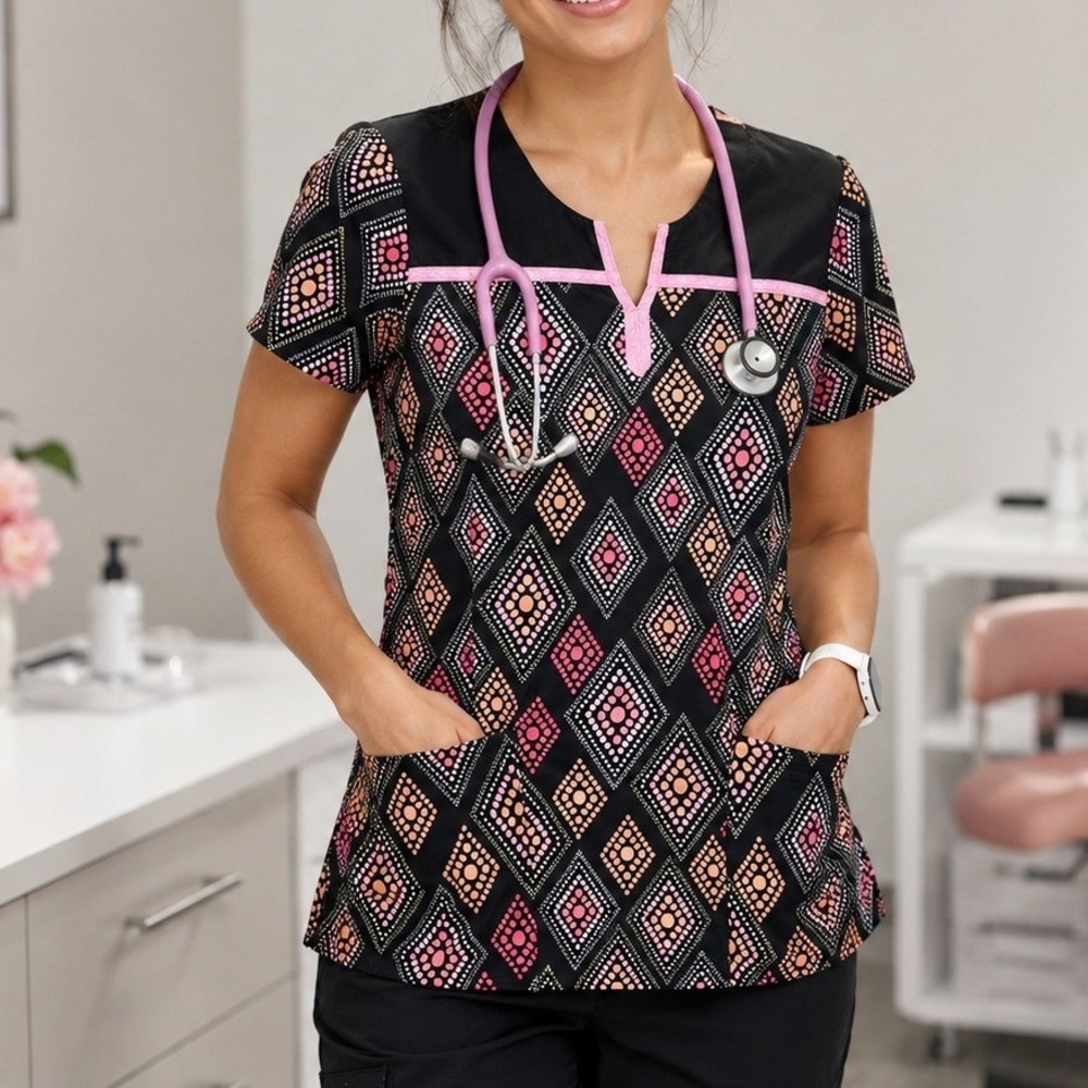 Healing Hands Scrub Top Medium Pink Black Geometric Print Medical Uniform Modern